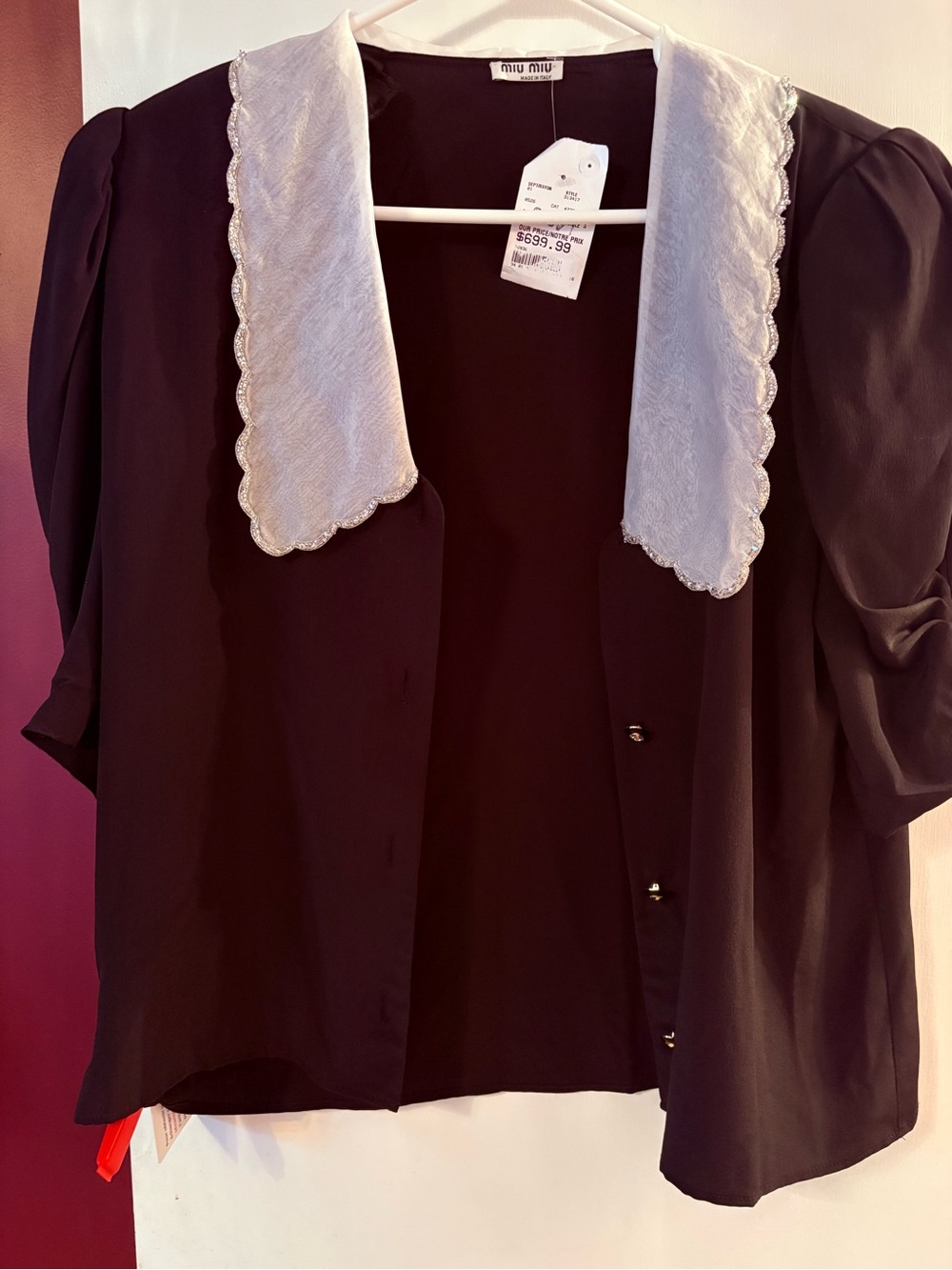 Miu Miu Black Blouse with Scalloped White Contrast Collar